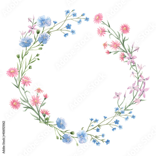 Beautiful floral wreath with watercolor hand drawn gentle spring flowers. Stock illustration.