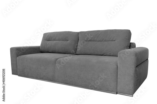 Gray comfortable sofa on a white isolated background.
