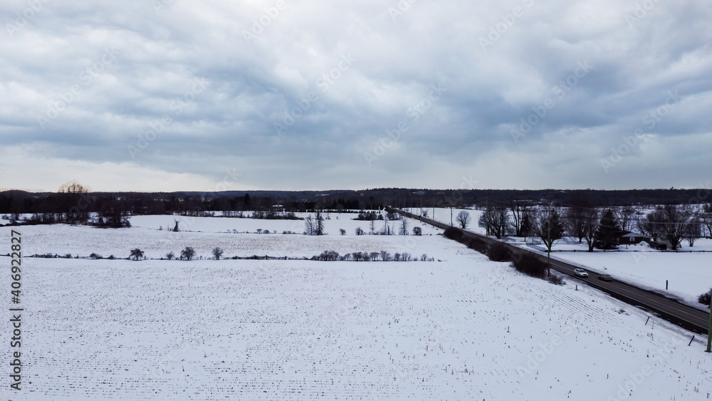 Aerial view of a corn field covered by snow, near Huntmar Drive in Kanata, ottawa. Ottawa, Ontario, Canada