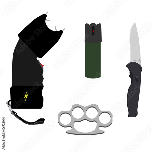 Pepper gas spray, knuckles and electroshock