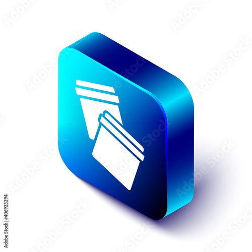 Isometric Plastic bag with ziplock icon isolated on white background. Blue square button. Vector.