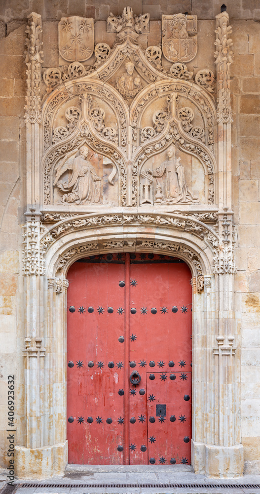 SALAMANCA, SPAIN, APRIL - 17, 2016: The Annunciation as the detail from gothic portal of romanesque church Iglesia de San Benito.
