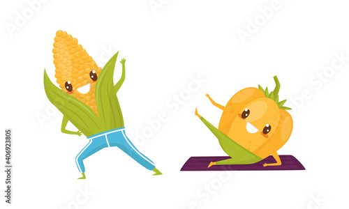 Funny Vegetables Doing Sport and Physical Exercise Vector Set
