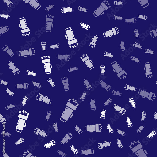 White Police electric shocker icon isolated seamless pattern on blue background. Shocker for protection. Taser is an electric weapon. Vector.