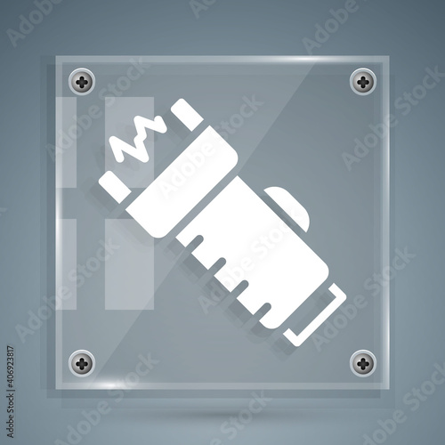 White Police electric shocker icon isolated on grey background. Shocker for protection. Taser is an electric weapon. Square glass panels. Vector.
