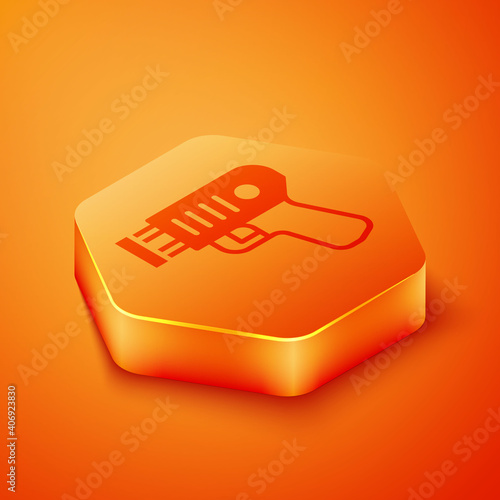 Isometric Police electric shocker icon isolated on orange background. Shocker for protection. Taser is an electric weapon. Orange hexagon button. Vector.