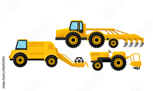 Agricultural Machinery with Farm Truck Used in Harvesting Vector Set