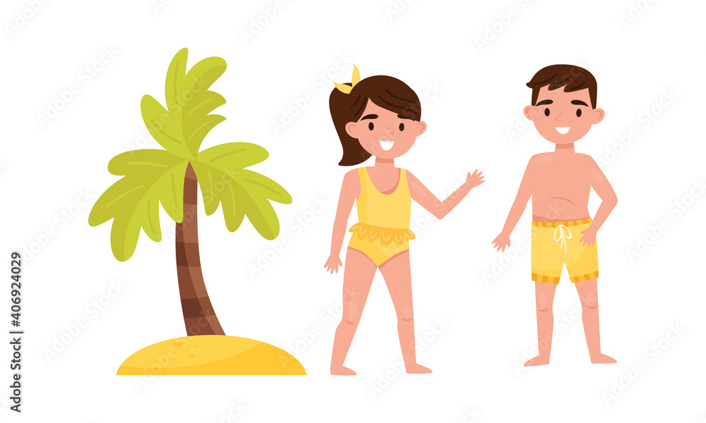 Boy, Girl and Palm Tree as Tropical Rest and Beach Resort Vector Set