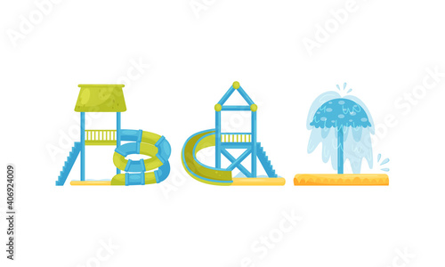 Water Slides and Water Playgrounds as Waterpark or Amusement Park Elements Vector Set