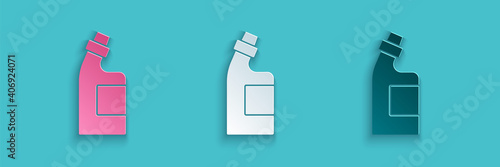 Paper cut Plastic bottle for laundry detergent, bleach, dishwashing liquid or another cleaning agent icon isolated on blue background. Paper art style. Vector.