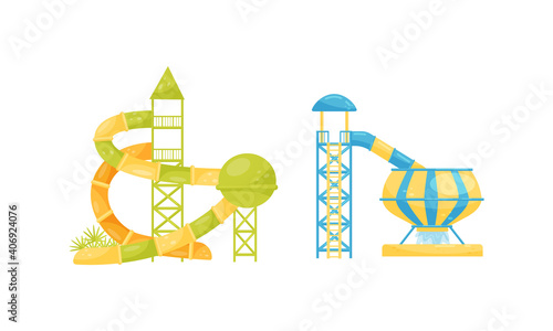 Water Slides and Water Playgrounds as Waterpark or Amusement Park Elements Vector Set