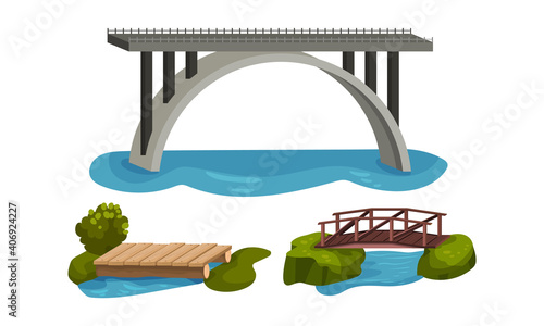 Wooden and Metal Bridge as Road Over Water Vector Set