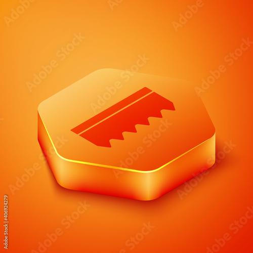 Isometric Sponge icon isolated on orange background. Wisp of bast for washing dishes. Cleaning service logo. Orange hexagon button. Vector.