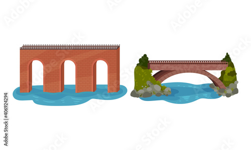 Brick and Metal Bridge as Road Over Water Vector Set
