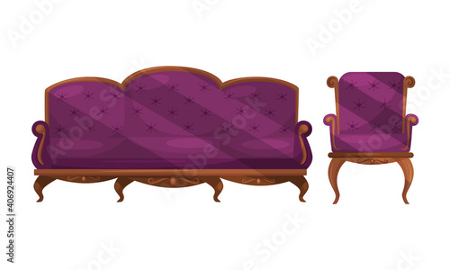 Antique Vintage Furniture Items with Upholstered Sofa and Armchair Vector Set