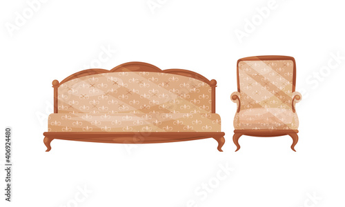 Antique Vintage Furniture Items with Upholstered Sofa and Armchair Vector Set