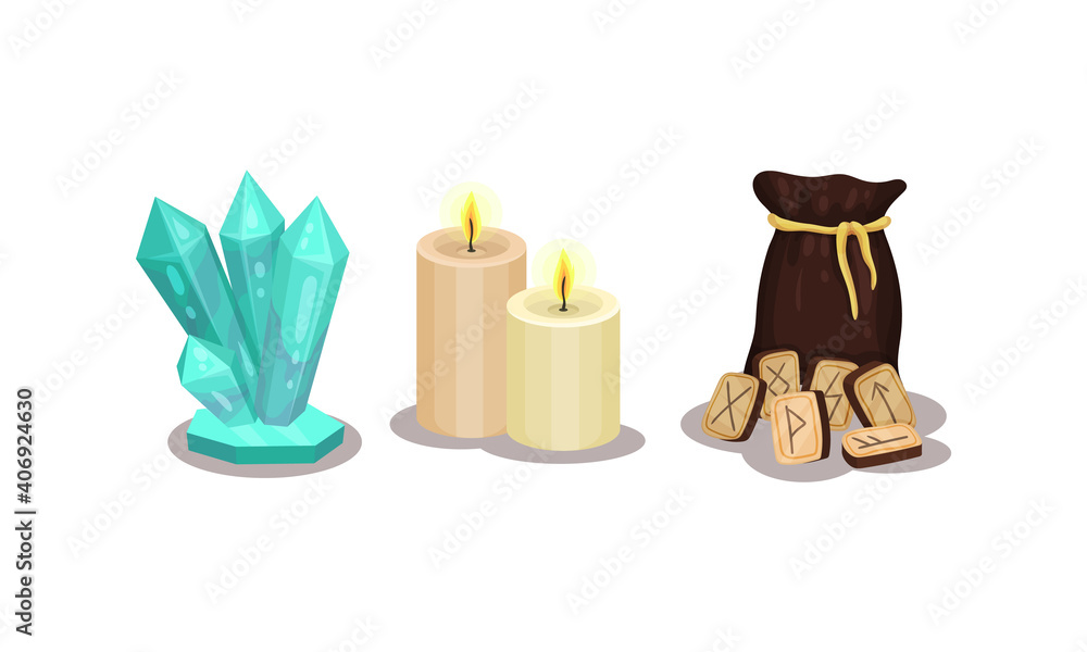 Fototapeta premium Fortune Telling Objects with Rune and Candles Vector Set
