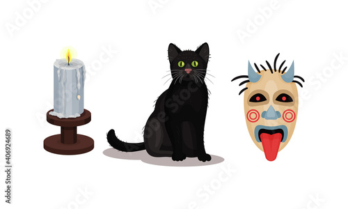 Fortune Telling Objects with Black Cat and Candle Vector Set