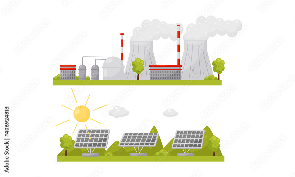 Naklejka premium Alternative Energy Sources with Solar Panel and Waste Treatment Plant Vector Set
