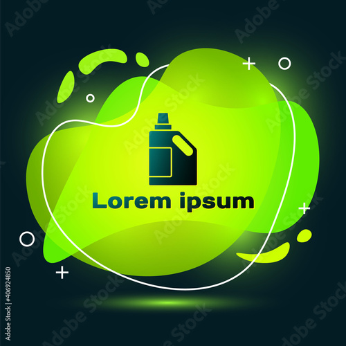 Black Plastic bottle for laundry detergent, bleach, dishwashing liquid or another cleaning agent icon isolated on black background. Abstract banner with liquid shapes. Vector.