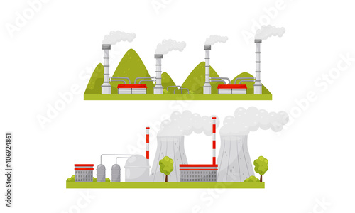 Alternative Energy Sources with Waste Treatment Plant Vector Set
