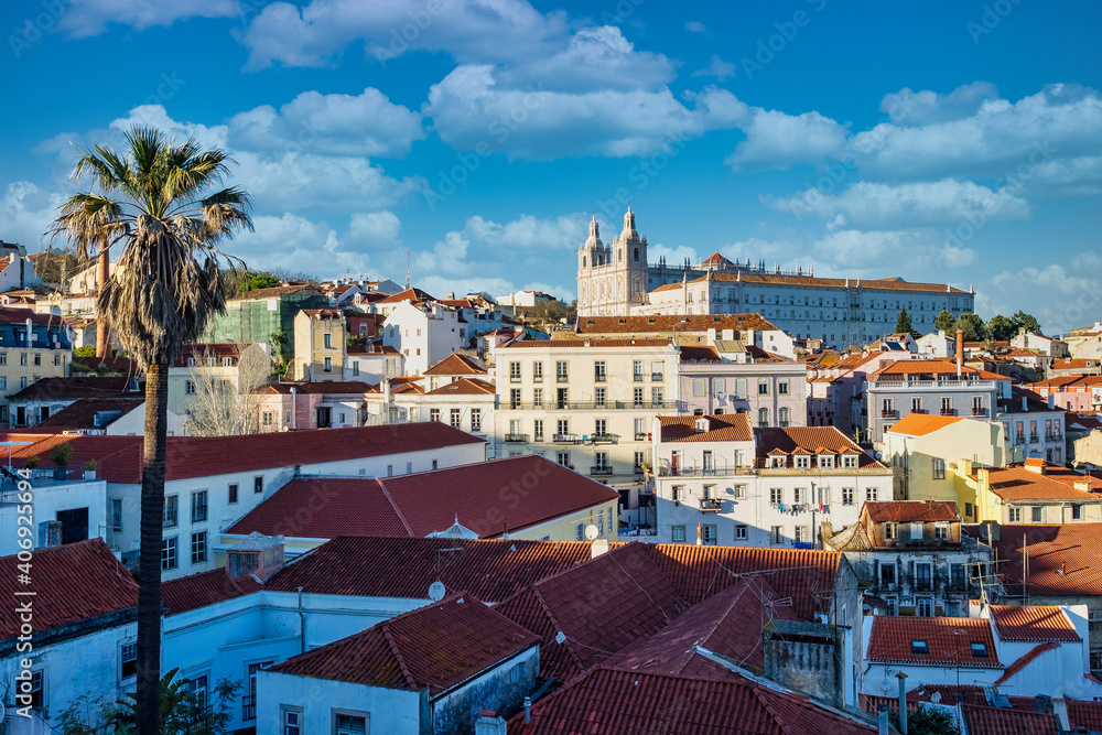 Sao Vicente de Fora Monastery and dome of the National Pantheon seen from Portas do Sol in Lisbon, Portugal.