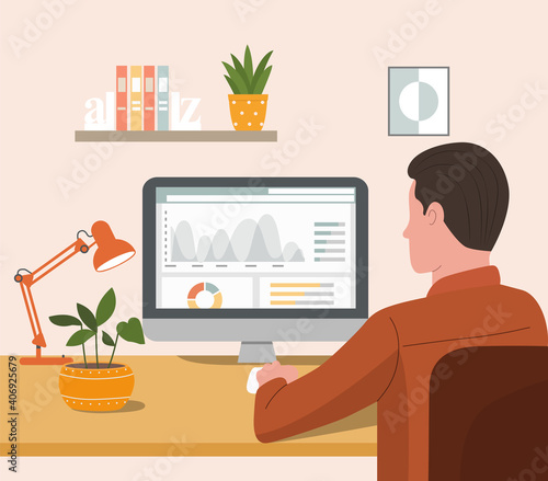 Young  man working with a computer. Back view. Vector flat style cartoon illustration