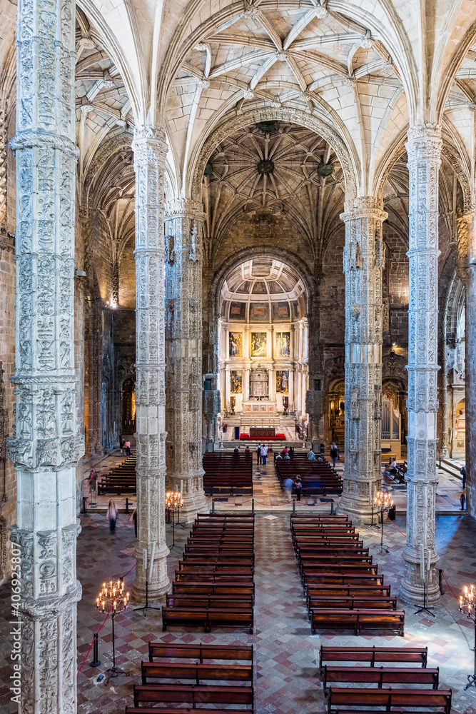Interior of the Hieronymites Monastery, Mosteiro dos Jeronimos is located in Lisbon Portugal