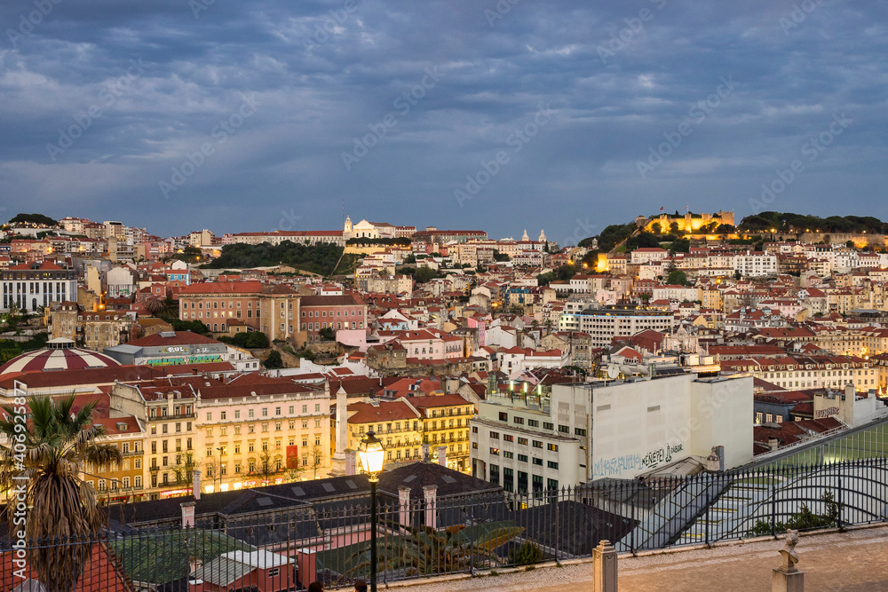Lisbon City Skyline as viewed from Neighbourhood Across Bairro Alto - Lisbon, Portugal