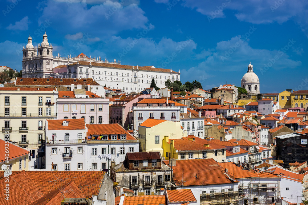 Sao Vicente de Fora Monastery and dome of the National Pantheon seen from Portas do Sol in Lisbon, Portugal.