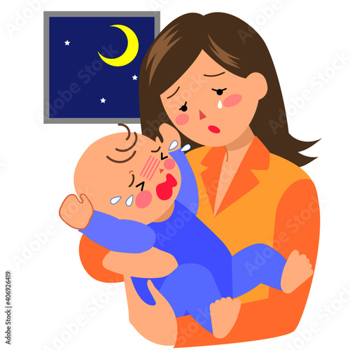 赤ちゃんの夜泣きに困っている母親