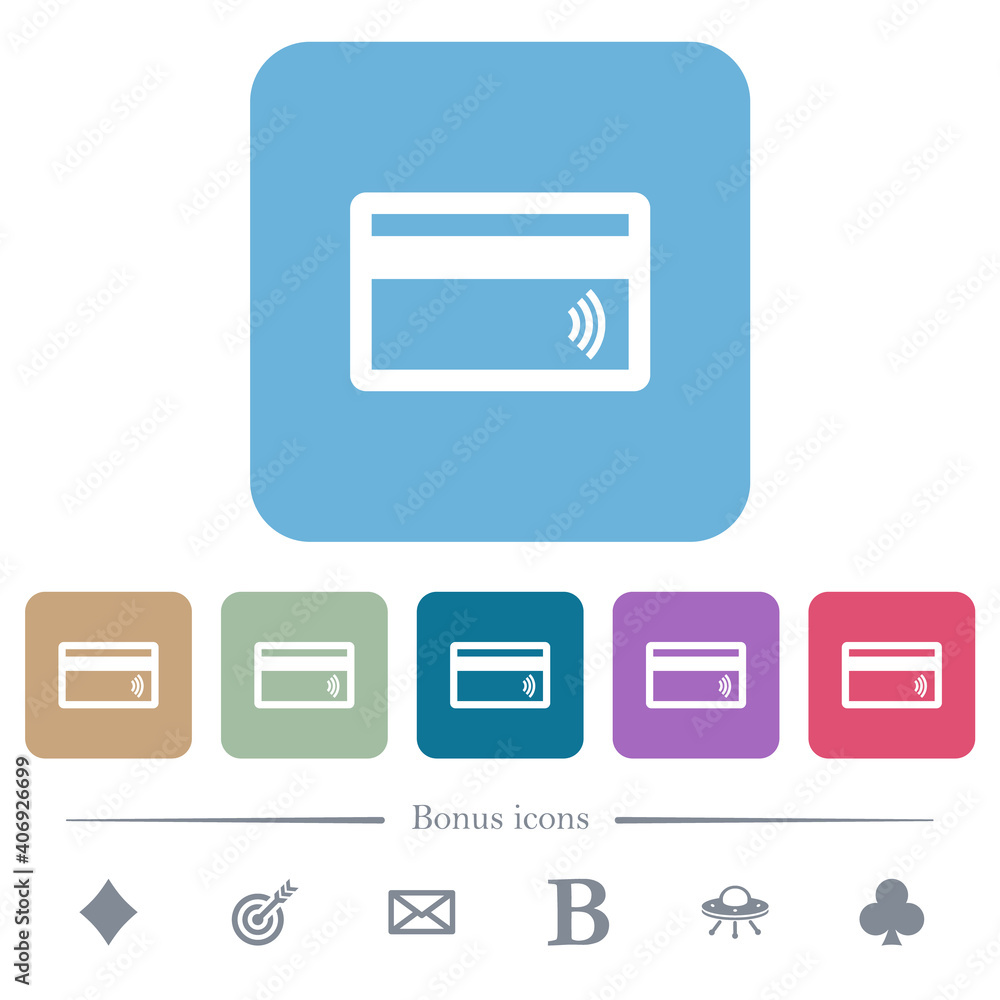 Contactless credit card flat icons on color rounded square backgrounds Contactless credit card flat icons on color rounded square backgrounds