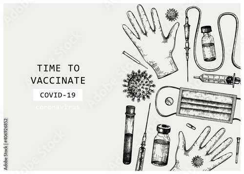 Coronavirus vaccine vector design. Hand-sketched template for  Covid-19 vaccination illustrations with vaccine bottle, syringe injection tools, and different viruses. Vintage medical sketches