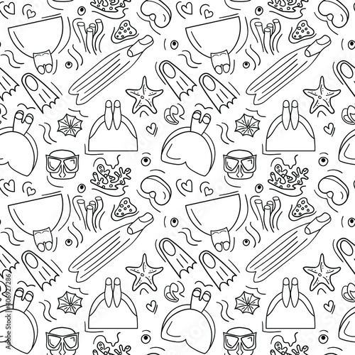 Seamless pattern with free-diving elements (monofin, fins, mask, coral, starfish). Vector illustration.