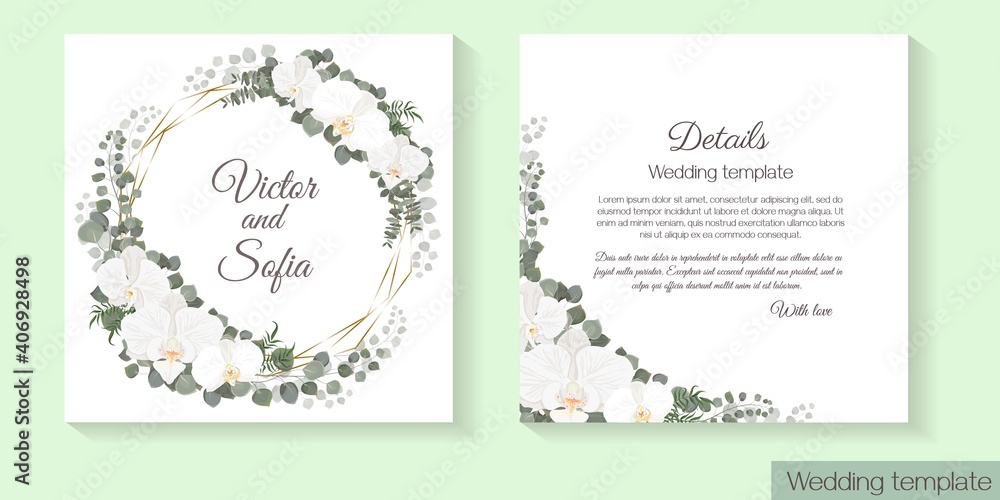 Vector template for wedding invitation. White orchids, eucalyptus, green plants and leaves, polygonal gold frame.