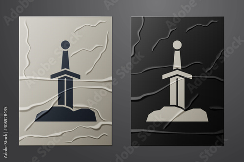 White Sword in the stone icon isolated on crumpled paper background. Excalibur the sword in the stone from the Arthurian legends. Paper art style. Vector.