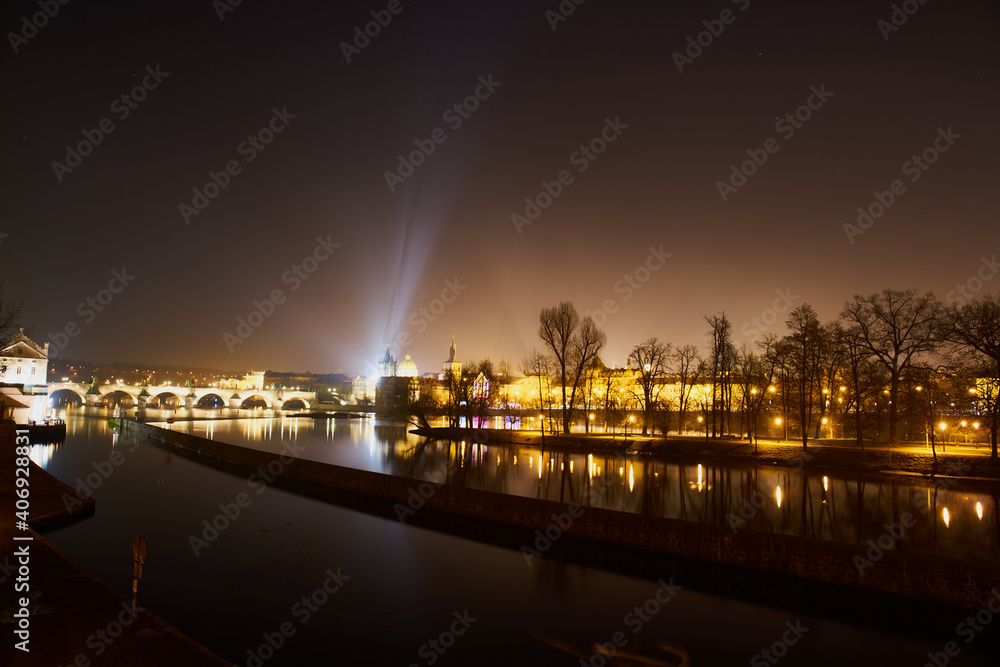 Prague, Czech Republic - January 1 2021: Night view of the Charles Bridge
