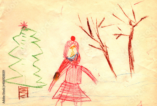 Color pencil kids drawing of winter landscape and a girl. Park with trees, child in warm clothes. Can be used for interior design. Raster hand drawn illustration on craft paper.