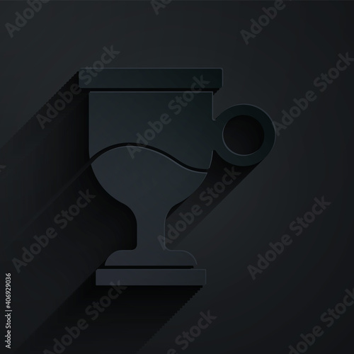 Paper cut Mulled wine with glass of drink and ingredients icon isolated on black background. Cinnamon stick, clove, lemon slice. Paper art style. Vector.