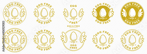 A set of conceptual stamps for packaging products. Labeling - no eggs. A round stamp with wings - a symbol of liberation, freedom. Egg flat icon with a line of flowing out of the composition. Vector 