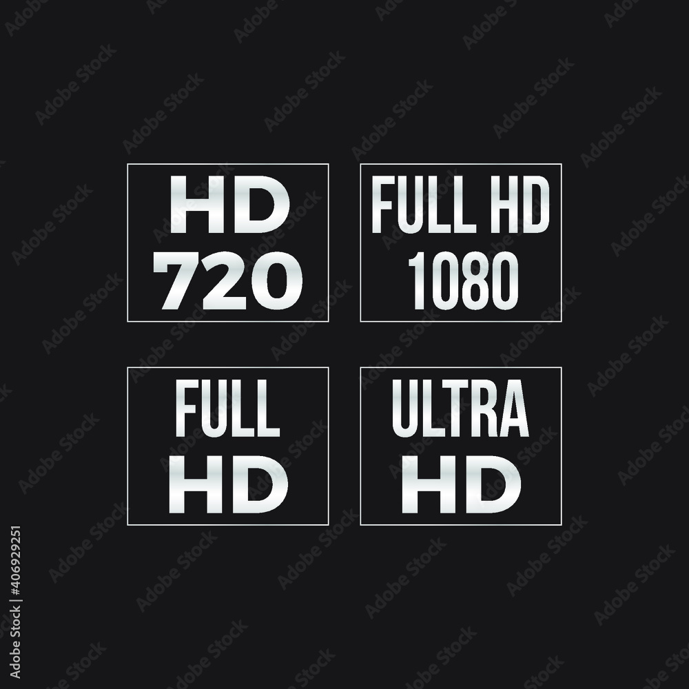 Symbol of High Definition monitor display resolution standard. HD720, FULL HD 1080, FULL HD, ULTRA HD. Eps10 vector illustration. Symbol of High Definition monitor display resolution standard. HD720, FULL HD 1080, FULL HD, ULTRA HD. Eps10 vector illustration.