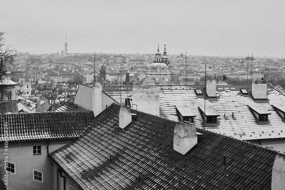 Prague, Czech Republic - January 7 2021: Panorama view of historical centra of Prague from the Prague Castle area                                                      