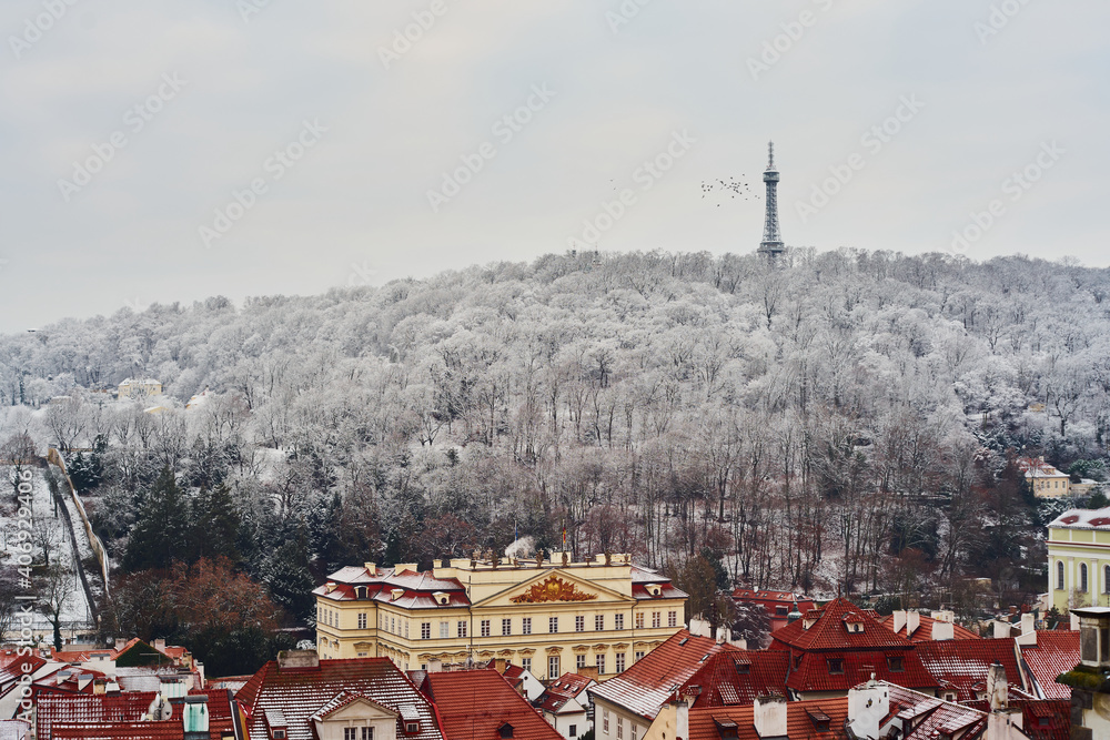 Winter panorama of Prague with Petrin Tower                               