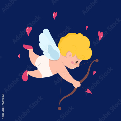 Cute cupid character shoots an arrow. Happy Valentine's day vector illustration in flat cartoon style
