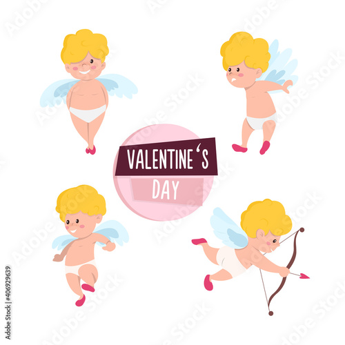Set of isolated cute cupid, cartoon style angel characters. Vector illustration for Happy Valentine's Day