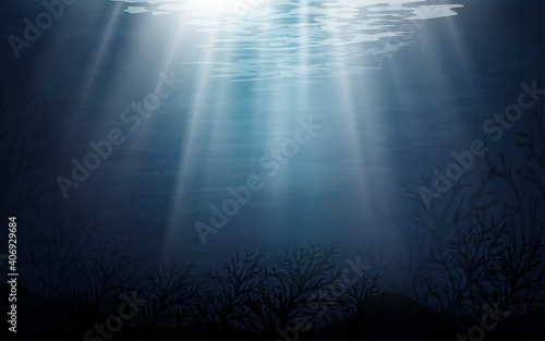 Underwater sea with wave in deep blue on the island,Panorama bottom of ocean with sun ray shining,Silhouette of coral,Vector horizon marine or sea life for summer background