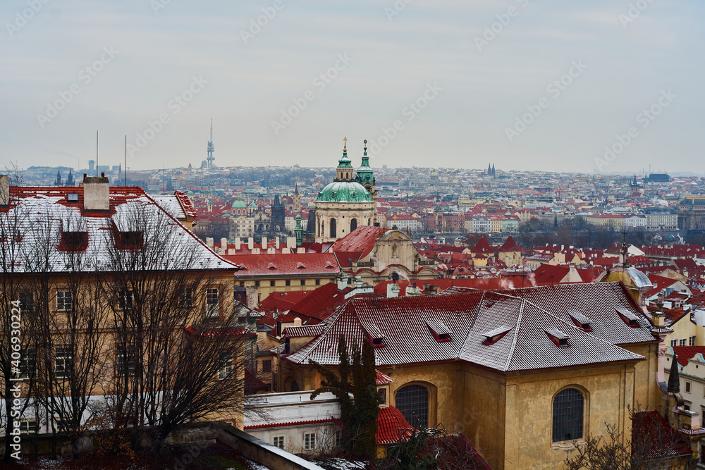 Obraz premium Prague, Czech Republic - January 7 2021: Panorama view of historical centra of Prague from the Prague Castle area 