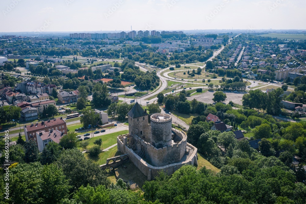 Obraz premium Castle in bedzin, The stone royal castle in silesia poland aerial drone photo