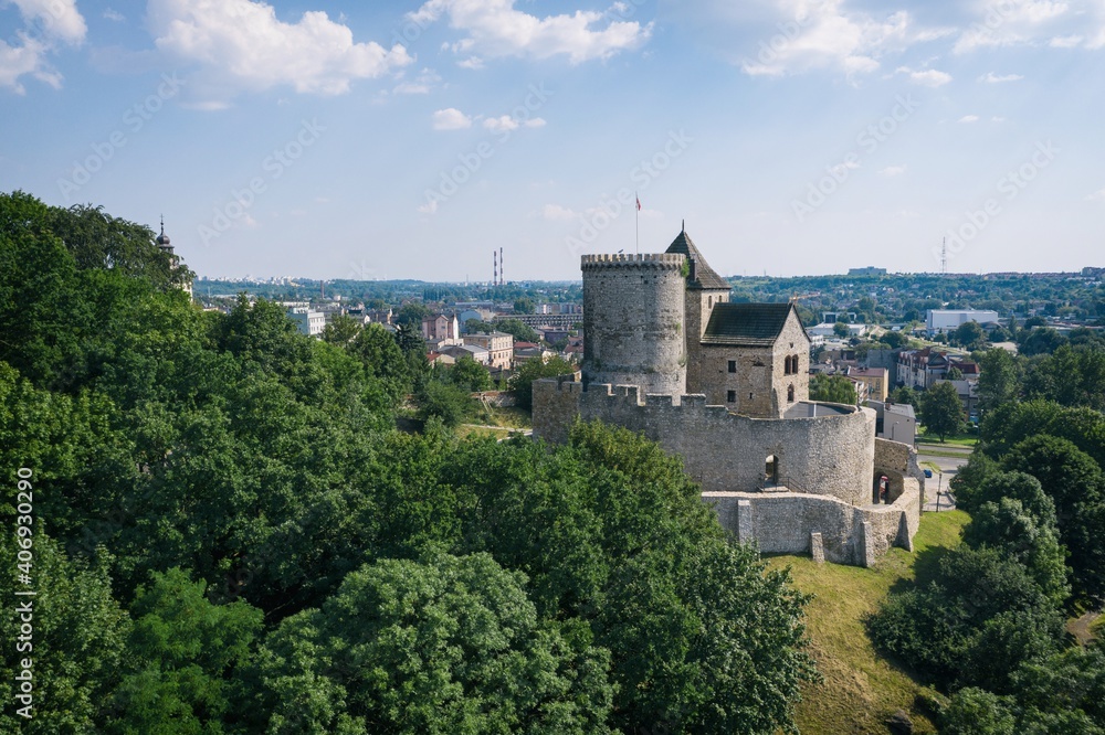 Castle in bedzin, The stone royal castle in silesia poland aerial drone photo