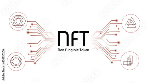 NFT non fungible tokens infographics with different tokens and pcb tracks isolated on white. Pay for unique collectibles in games or art. Vector illustration.